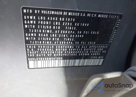 2022 Volkswagen Taos 1.5T Se from USA, damaged, VIN 3VVLX7B20NM041685